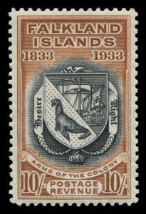 Falkland Islands: 1933 (SG.137) 10/- Coat of Arms, excellent centring, very fine MLH, Cat. £850.