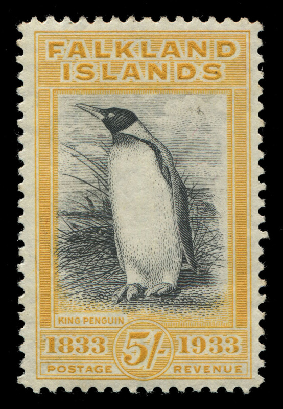 Falkland Islands: 1933 (SG.136) 5/- King Penguin, very fine MLH, Cat. £950.