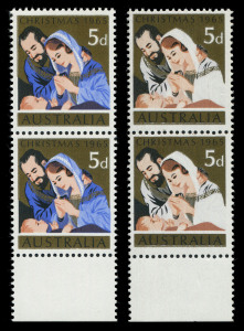 AUSTRALIA: Other Pre-Decimals: 1965 (SG.381b) 5d Christmas with error "Blue Printing (Robes) Omitted", vertical marginal pair, with normal pair for comparison, very fresh unmounted, Cat £2000+ (BW:435cb - Cat $3500+).