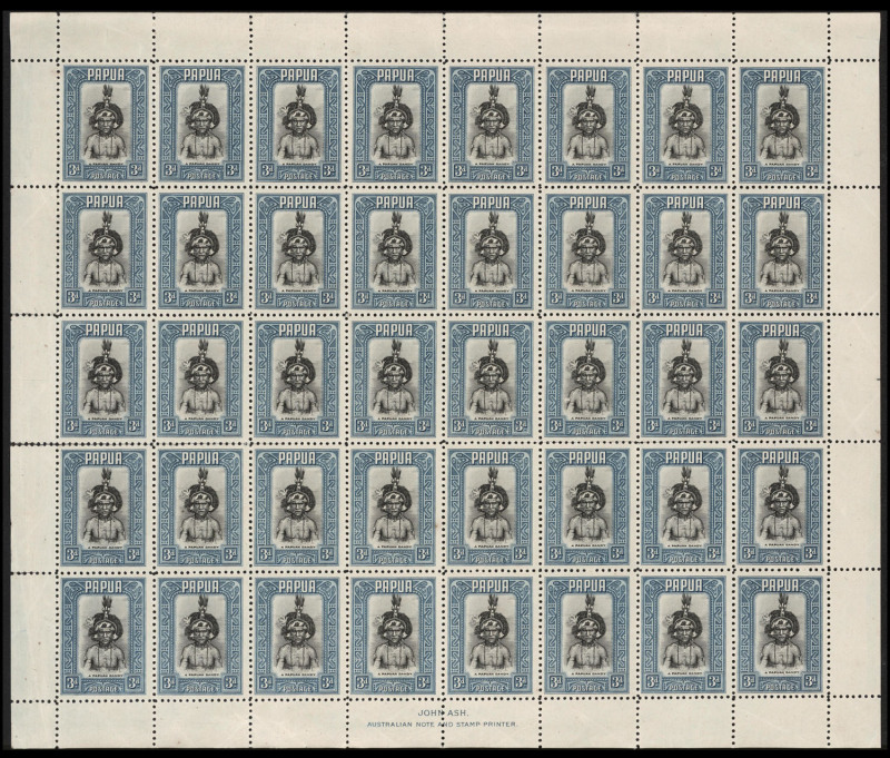 PAPUA: 1932 (SG.134) 3d Papuan Dandy, complete sheet (40) with Ash Imprint at base, MUH. Some perf. separation, not affecting the imprint. All the values in this attractive set are hard to find in complete sheets.