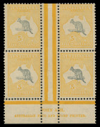 AUSTRALIA: Kangaroos - CofA Watermark: 5/- grey & yellow-orange Ash Imprint block of 4, lower-right unit [R55] variety "Open-mouthed Roo", lower units MUH, BW:46z - Cat. $5000.