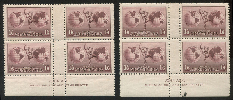 AUSTRALIA: Other Pre-Decimals: 1934-38 (SG.153) 1/6d Hermes No Watermark Perf.11 Ash Imprint blocks of 4 (2) both blocks with variety "Retouched shading top left of right-hand globe", two units on each block MUH, BW:161za - Cat $800.