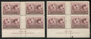 AUSTRALIA: Other Pre-Decimals: 1934-38 (SG.153) 1/6d Hermes No Watermark Perf.11 Ash Imprint blocks of 4 (2) both blocks with variety "Retouched shading top left of right-hand globe", two units on each block MUH, BW:161za - Cat $800.