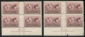 AUSTRALIA: Other Pre-Decimals: 1934-38 (SG.153) 1/6d Hermes No Watermark Perf.11 Ash Imprint blocks of 4 (2) both blocks with variety "Retouched shading top left of right-hand globe", two units on each block MUH, BW:161za - Cat $800.