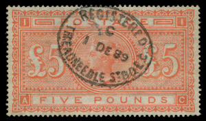 GREAT BRITAIN: 1867-83 (SG.137) £5 Orange Plate 1 [AC] on white paper, very fine and complete 'REGISTERED/1DE89/THREADNEEDLE ST/' oval datestamp, perfect centring with full perfs. Premium example, Cat £3500.
