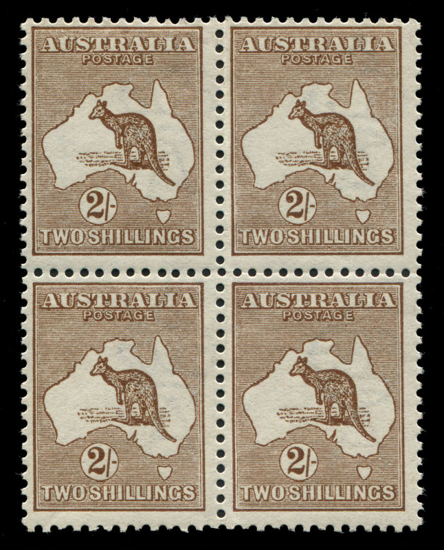 AUSTRALIA: Kangaroos - First Watermark: 2/- brown block of 4, lower-left unit MLH, other three units MUH, Cat $8900+. Lovely multiple.