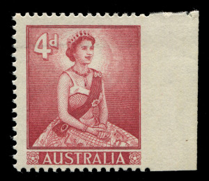 AUSTRALIA: Other Pre-Decimals: 1959-64 (SG.313) 4d lake Queen Elizabeth II, variety "Imperforate at right", MUH. Just two examples recorded, both from the right side of the same sheet, BW:353bb - Cat $7500.