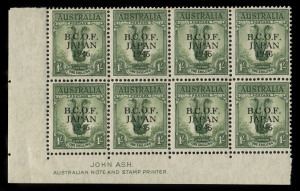 AUSTRALIA: BCOF Japan: 1946-47 (SG.J5) 1/- Lyrebird Ash Imprint block of 8 with varieties "Wrong font '6'" [R9/4] and "Wrong font '1'" [10/3], MUH, BW:J5h,i, - Cat $800++. Extremely scarce positional piece.