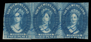 TASMANIA - Postmarks: Provisional Town Cancel: manuscript "Lymington Nile Bridge" in blue (Rated 4R) on imperf Star Wmk 4d deep blue Chalon strip of 3, margins close or cut-into. Very rare.
