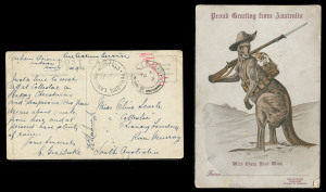 AUSTRALIA: Postal History - World War I - Military: On Active Service: 1916 (Nov.7) PPC from England with 'A.I.F. CAMP P.O' datestamp and 'PURNONG LANDING/STH AUST' arrival datestamp; also a Greetings Card showing Kangaroo in Anzac uniform. (2 items)