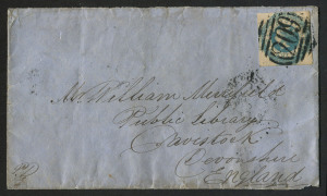 VICTORIA - Postal History: 1858 (Oct 12) cover to England with imperf 1/- Octagonal tied by very fine strike of BN '209', on reverse very fine strike of 'GREAT WESTERN/OC12/58/VICTORIA' oval datestamp (Rated 4R), ARARAT oval transit (Rated 2R) and TAVISTOCK arrival datestamp.