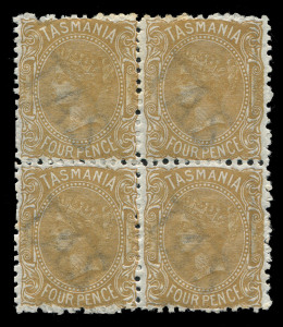 TASMANIA: 1871-78 (SG.153) Wmk 'TAS'-in lines 4d buff Sideface Perf.12, fresh mint block of (4), lower units MUH, Cat £1400+. Elusive multiple.   