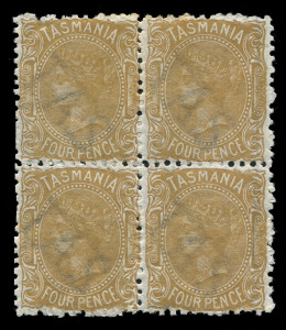 TASMANIA: 1871-78 (SG.153) Wmk 'TAS'-in lines 4d buff Sideface Perf.12, fresh mint block of (4), lower units MUH, Cat £1400+. Elusive multiple.