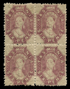 TASMANIA: 1864-68 (SG.89) Perf.12½ by R. Harris (Launceston) 6d reddish mauve Chalon block of 4, very lightly hinged, one unit MUH. Fresh and attractive multiple, Cat £3600.