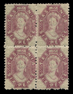 TASMANIA: 1865-71 (SG.76) Numeral Wmk 6d reddish mauve P12 Chalon block of 4, upper units MLH. lower units MUH. Fine and fresh, Cat. £760+.