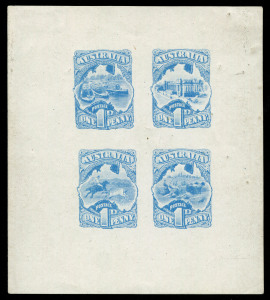 AUSTRALIA: Kangaroos - Collections & Accumulations: Essays - 1911 Stamp Design Competition: ET Luke imperforate composite essay in bright blue comprising four different designs (Harbour scene, Parliament House, Mustering scene & Pastoral Scene) in se-tenant block format on thick ungummed paper. The only other example recorded in this colour is in the Archival Collection; BW: E117Da - Cat $6000. Gorgeous!