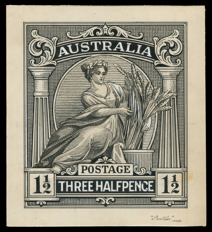 AUSTRALIA: Kangaroos - Collections & Accumulations: Essays - 1911 Stamp Design Competition: Original artwork for 'THREE HALFPENCE' attributed to ET Luke showing Allegorical Figure clutching a sheaf of wheat, in India ink and China white on artboard (15.6x