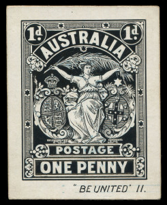 AUSTRALIA: Kangaroos - Collections & Accumulations: Essays - 1911 Stamp Design Competition: Original artwork for 'ONE PENNY' attributed to M.Tannenberg showing allegorical figure of "Australia" with shields at sides, in Indian ink on artboard (7x5.5cm), n