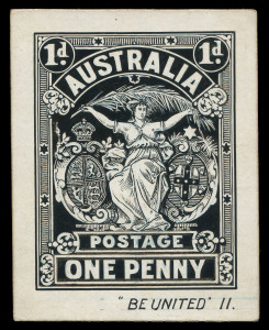 AUSTRALIA: Kangaroos - Collections & Accumulations: Essays - 1911 Stamp Design Competition: Original artwork for 'ONE PENNY' attributed to M.Tannenberg showing allegorical figure of "Australia" with shields at sides, in Indian ink on artboard (7x5.5cm), nom de plume '"BE UNITED" II' beneath design; BW: E66 - Cat $6000.