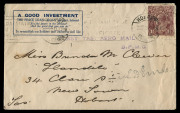 AUSTRALIA: Aerophilately & Flight Covers: 3-4 Sept. 1919 (AAMC.23) Hobart - Launceston cover with Peace Loan advertising and KGV 1&frac12;d brown, carried by ED Cummings in a Sopwith Pup on the first aerial mail flight in Tasmania, with violet two-line 'FIRST TA