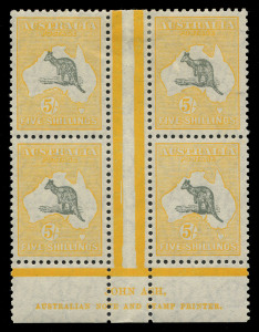 AUSTRALIA: Kangaroos - Small Multiple Watermark: 5/- Grey & Yellow Ash Imprint block of 4 with variety "White flaw off NSW coast" [R55], well centred, fresh mint, BW:45z - Cat $7500. Ex Kilfoyle (October 1961)