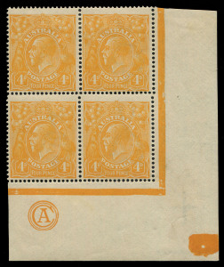 AUSTRALIA: KGV Heads - Single Watermark: 4d Yellow-Orange 'CA' Monogram corner block of 4 with WATERMARK INVERTED, fine mint. Very few examples recorded - Brusden White only mentions corner pairs (Cat. $3000) & singles (Cat.$1500). Rare and attractive exhibition piece. Ex Kilfoyle.