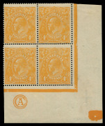 AUSTRALIA: KGV Heads - Single Watermark: 4d Yellow-Orange 'CA' Monogram corner block of 4 with WATERMARK INVERTED, fine mint. Very few examples recorded - Brusden White only mentions corner pairs (Cat. $3000) & singles (Cat.$1500). Rare and attractive exh