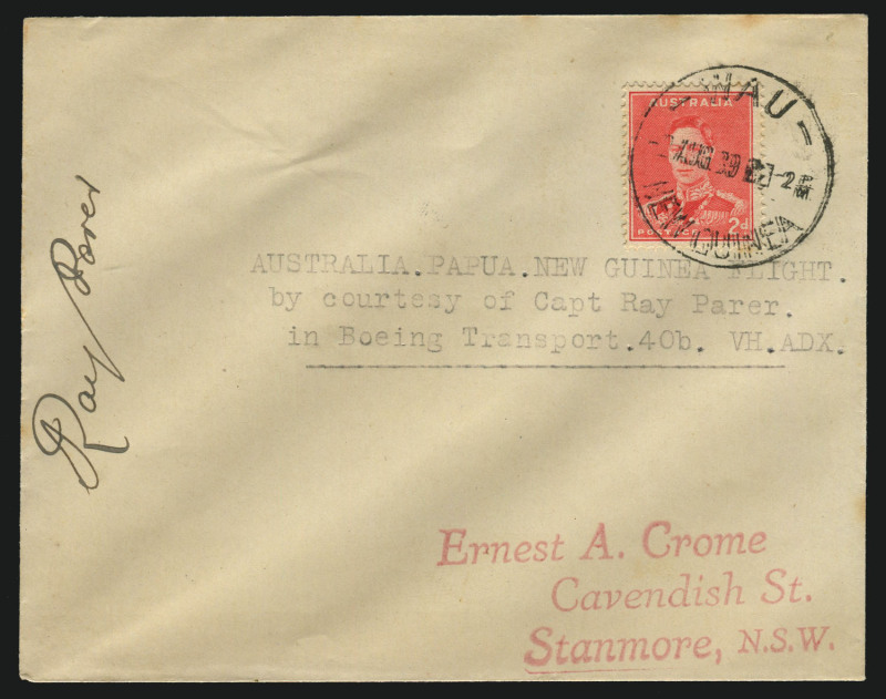 AUSTRALIA: Aerophilately & Flight Covers: 31 July 1939 (AAMC.875) Melbourne - Wau flown cover, carried and signed by the pilot, Ray Parer, who was making a delivery flight of a Boeing Transport 40B (VH-ADX); cancelled on arrival at WAU 2 AUG 39.