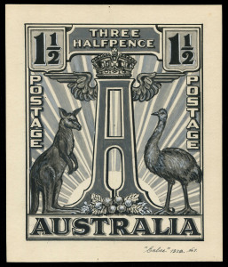 AUSTRALIA: Other Pre-Decimals: Essays - 1928 Melbourne Exhibition Stamp Design Competition: original artwork for 'THREE HALFPENCE' value by Mr E.N. Broad of London, working under the non de plume "Enbee", depicting a winged letter 'A' monument with Kangaroo and Emu on either side, in Indian ink and China white on artboard (16x13.5cm), endorsed "Enbee 1928 No1". Most attractive.