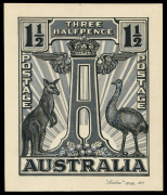 AUSTRALIA: Other Pre-Decimals: Essays - 1928 Melbourne Exhibition Stamp Design Competition: original artwork for 'THREE HALFPENCE' value by Mr E.N. Broad of London, working under the non de plume "Enbee", depicting a winged letter 'A' monument with Kangar