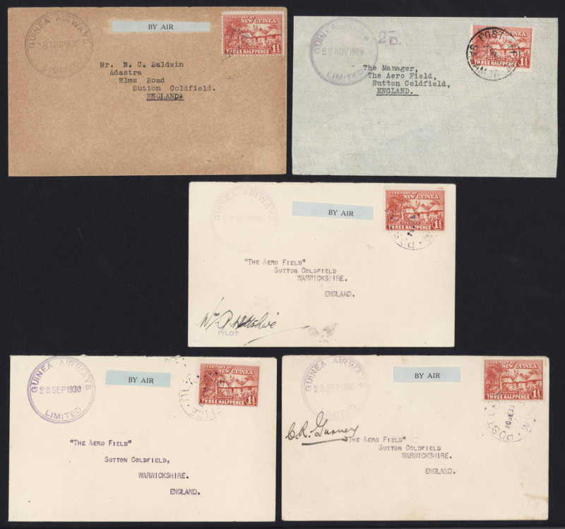 NEW GUINEA - Aerophilately & Flight Covers: GUINEA AIRWAYS GROUP (AAMC.P18a, P21, P25): 1929 - 30 flown covers, (5), all bearing the violet round cachet for "GUINEA AIRWAYS LIMITED" comprising 29.Nov.1929 Salamoa - Port Morseby by air (with the earliest r