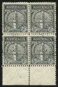 AUSTRALIA: Other Pre-Decimals: 1935 (SG.155) 1/- ANZAC marginal block of 4 from the base of the sheet, faint flattened wrinkle upper units, lightly struck datestamp cancels, BW:165 - Cat $160+. Elusive used multiple.