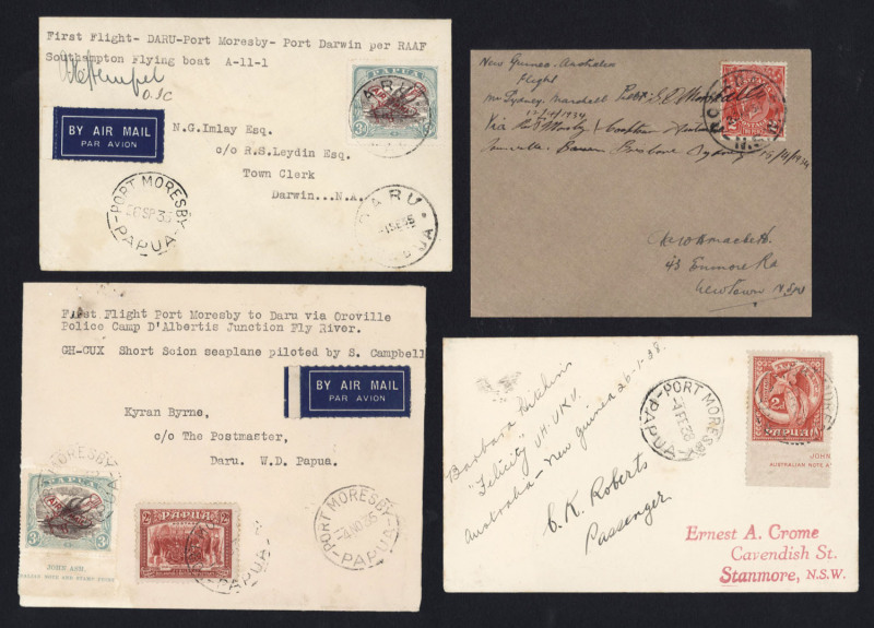 PAPUA - Aerophilately & Flight Covers: A lovely group of flown covers, mainly signed: 2 April 1934 (AAMC.P69a) Port Moresby - Australia, flown & signed by Sidney Marshall; 1 Sept.1935 (AAMC.P90a) Daru - Port Moresby - Darwin, flown & signed by Squadron Le