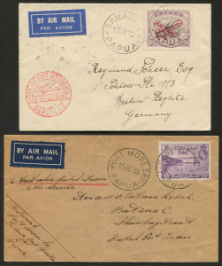 PAPUA - Postal History: AIRMAILS: June 1932 usage of 6d Air Mail opt on cover from SAMARAI to GERMANY; carried by ship to Australia (Brisbane b/s), domestic airmail to PERTH; ship to Europe, then by German airmail to BERLIN (b/s) with LUFTPOST cachet in r