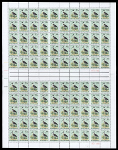 AUSTRALIA: Decimal Issues: 1966-71 5c to 30c Birds values on White Paper (bluish-white u/v reaction) from the Jan.1967 (and later) reprints in complete sheets of 100 with central gutters, BW:448a, 449a, 454a, 455a, 456a, 457a, 458a & 459a - Cat $9450+. Incredibly scarce and in superb condition. (8 sheets)