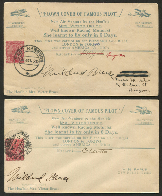 INDIA - Aerophilately & Flight Covers: 30 & 31 October 1930 Karachi - Calcutta flown special cover, carried and signed by Mildred Bruce in her "Blackburn Bluebird"; also, a similar cover flown and signed by Bruce on her Karachi - Rangoon flight. (2 covers