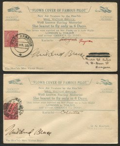 INDIA - Aerophilately & Flight Covers: 30 & 31 October 1930 Karachi - Calcutta flown special cover, carried and signed by Mildred Bruce in her "Blackburn Bluebird"; also, a similar cover flown and signed by Bruce on her Karachi - Rangoon flight. (2 covers). Very small numbers flown.