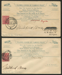 INDIA - Aerophilately & Flight Covers: 30 & 31 October 1930 Karachi - Calcutta flown special cover, carried and signed by Mildred Bruce in her "Blackburn Bluebird"; also, a similar cover flown and signed by Bruce on her Karachi - Rangoon flight. (2 covers