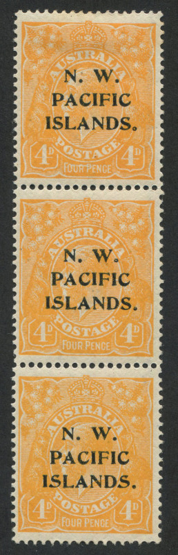 NEW GUINEA - 'N.W./PACIFIC/ISLANDS' Overprints: 1915-16 (SG.70,70c) 4d Bright Yellow-Orange abc strip, upper unit variety "Line through 'FOUR PENCE'" [2R12], fine mint with lower two units MUH, Cat £425+.