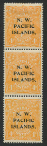 NEW GUINEA - 'N.W./PACIFIC/ISLANDS' Overprints: 1915-16 (SG.70,70c) 4d Bright Yellow-Orange abc strip, upper unit variety "Line through 'FOUR PENCE'" [2R12], fine mint with lower two units MUH, Cat £425+.