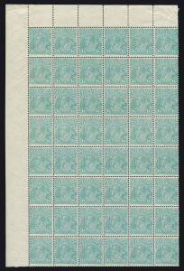 AUSTRALIA: KGV Heads - CofA Watermark: 1/4d Greenish-Blue upper left corner block of 48 (6x8), including listed varieties at L1, L2, L3 & L11, few perf reinforcements in upper sheet margin only, stamps exceptionally fine and fresh MUH, BW:131 + Cat $18,000++. One of the largest surviving multiples in existence. (48 stamps)