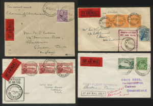 AUSTRALIA: Aerophilately & Flight Covers: "See Western Queensland BY AIR MAIL" black on red labels (Frommer 18d) used on four covers: 22 May 1925 from Cloncurry to Charleville; 27 May 1927 Camooweal to Cessnock; 10 Dec. 1928 Normanton to Cairns; and 31 March 1930 (AAMC.155) Brisbane to Cairns.