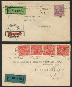 AUSTRALIA: Aerophilately & Flight Covers: "BY AIR MAIL" black on green labels (Frommer 7d & 9d): 11 June 1924 Tambo to Longreach flown cover with the dark green label; 16 April 1926 (Melbourne) - Charleville - Longreach flown cover with light green label. (2 covers).