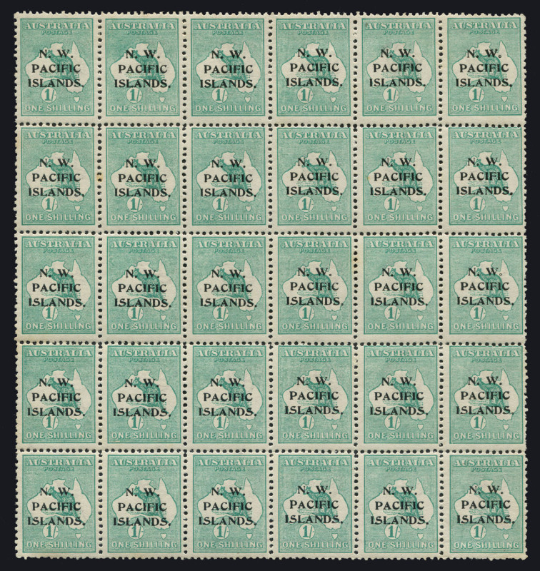 NEW GUINEA - 'N.W./PACIFIC/ISLANDS' Overprints: 1915-16 (SG.81) 1/- green Roo Die II, complete sheet of Plate 2 Right Pane (4th Setting) on annotated album page, few minor gumside tones, most units MUH, Cat. £2500. Ex Patrick Williams FRPSL.