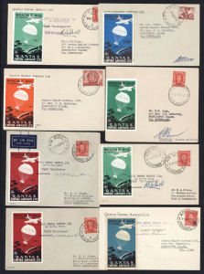 AUSTRALIA: Aerophilately & Flight Covers: MORNIGTON ISLAND PARACHUTE MAIL COVERS: 1941 from Brisbane (AAMC.936) signed by Sims; 1942 from Sydney & Brisbane (AAMC.950 & 51) signed by Crowther; 1943 from Sydney & Brisbane (AAMC.970 & 71) signed by Caldwell; and then the post-war resumed flights, 1946 (AAMC.1089) signed by McCarthy; 1947 (AAMC.1132) signed by Bruce; and 1948 (AAMC.1199) signed by Meares. (8 covers). Cat.$1275.