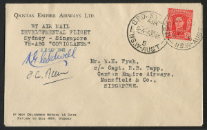 AUSTRALIA: Aerophilately & Flight Covers: 4 Oct.1945 (AAMC.1009) Sydney - Singapore Qantas "Coriolanus" experimental flight cover, signed by the pilots, Caldwell and Allen. This was the first post-war Qantas flight to touch-down in Singapore. The return flight, departing on 12 October, brought home 34 Australian ex-P.O.W.'s.