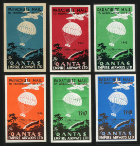 AUSTRALIA: Aerophilately & Flight Covers: 1941-48 QANTAS 'PARACHUTE MAIL/TO MORNINGTON ISLAND' labels comprising 1941 (undated, unmounted, small thin), 1942 no gum), 1943 (unmounted), 1946 (unmounted), 1947 (no gum) & 1948 (unmounted), Cat $600.