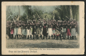 PAPUA - Postal History: 1909 (Dec.6) use of PPC headed "Ubuia/Dec 6th 1909" (Ubuia Island, Milne Bay Province) with Small 'PAPUA' 1d Lakatoi tied by Samaria datestamp addressed to Sydney, NSW; coloured view side shows assembly of tribal dancers titled "Gr