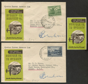 AUSTRALIA: Aerophilately & Flight Covers: 14 Oct.1947 (AAMC.1113-1114a) Sydney - Norfolk Island & return, QANTAS flown covers, each bearing the relevant brown & lime green vignette created for these flights and accompanied by an unused example of the Norfolk Is - Sydney vignette. (3 items). Cat.$350.