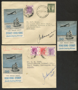 AUSTRALIA: Aerophilately & Flight Covers: 26 June 1949 (AAMC.1218,1219 & 1219a) Sydney - Hong Kong & return, QANTAS flown covers, both signed by the pilot, Captain Hampshire, and each bearing the blue, black & white vignette created for these flights; accompanied by a MUH example of the Hong Kong - Sydney vignette. (3 items). Cat.$300.